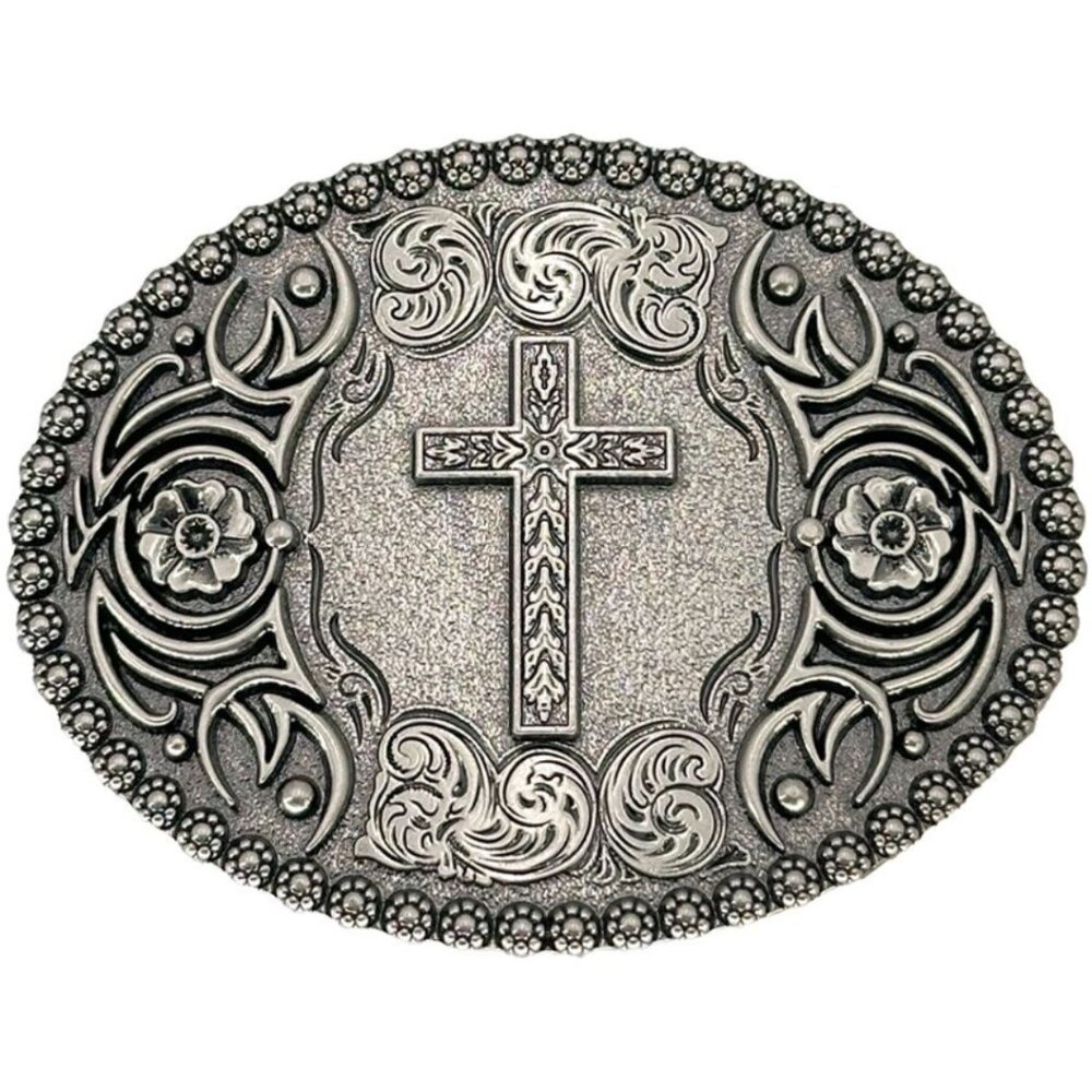 Etched Cross Silver Tone Oval Western Belt Buckle NWT